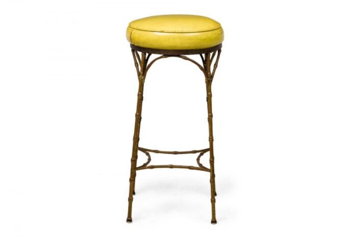 mid century american yellow leather and brass faux bamboo bar stools set of 3 9020