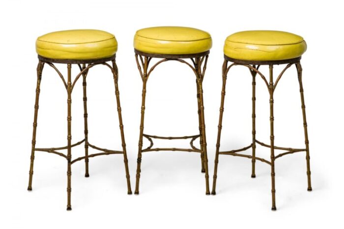 mid century american yellow leather and brass faux bamboo bar stools set of 3 9789