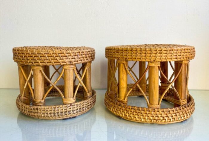 mid century bamboo and rattan plant stands 1960s set of 2 1