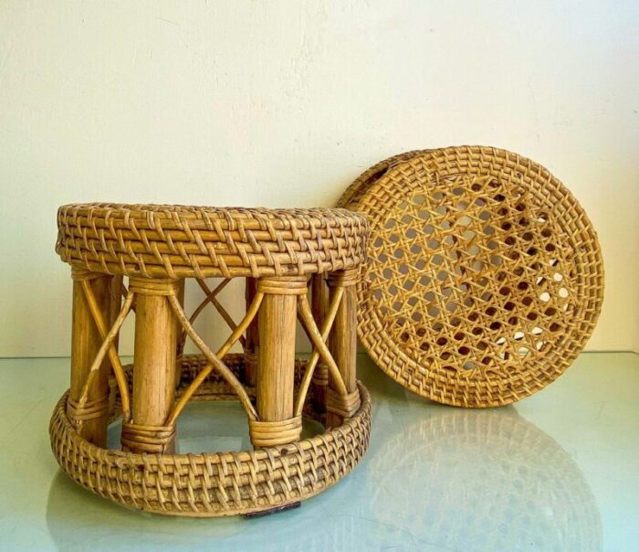 mid century bamboo and rattan plant stands 1960s set of 2 7