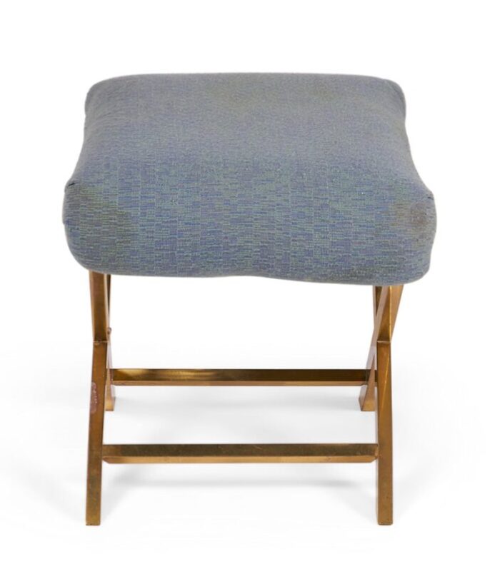 mid century brass and gray blue cotton upholstery x bench 0495