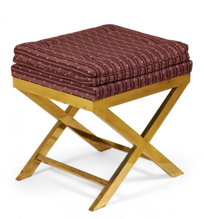 mid century brass and striped maroon upholstered x bench 0074