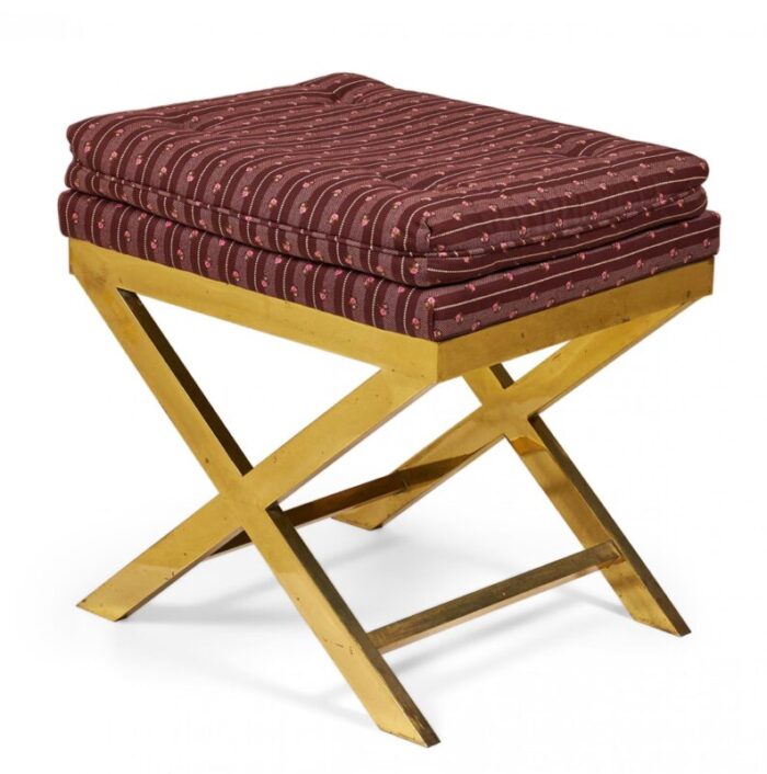 mid century brass and striped maroon upholstered x bench 2424