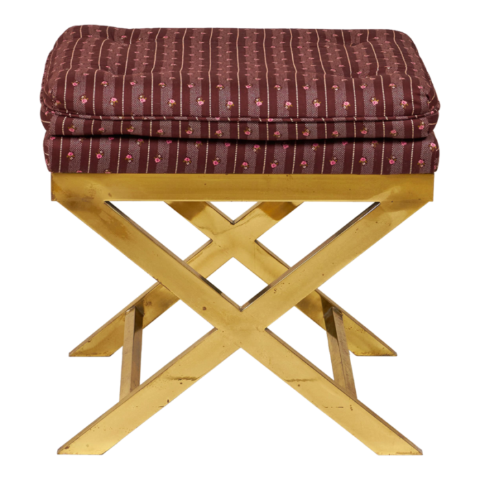 mid century brass and striped maroon upholstered x bench 2853