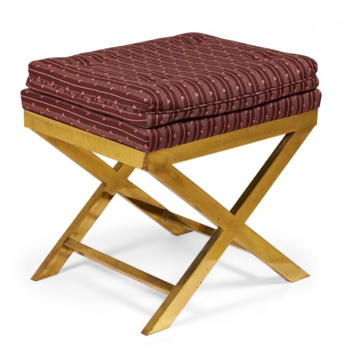 mid century brass and striped maroon upholstered x bench 4016