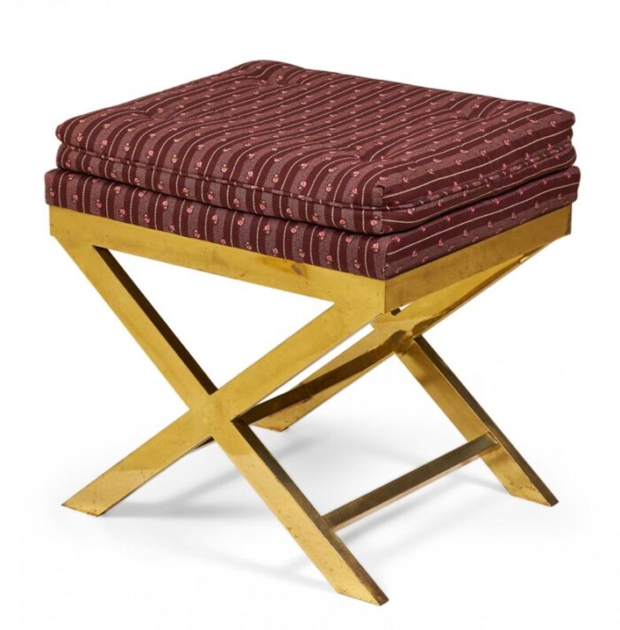 mid century brass and striped maroon upholstered x bench 5099