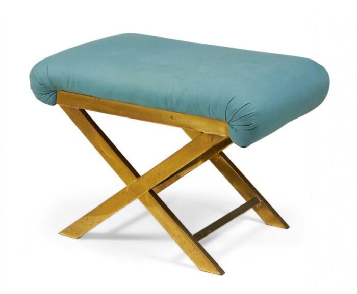 mid century brass and teal cotton upholstered x bench 1875