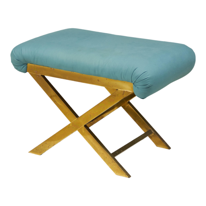 mid century brass and teal cotton upholstered x bench 3353