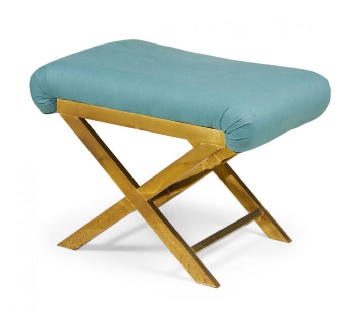 mid century brass and teal cotton upholstered x bench 3889