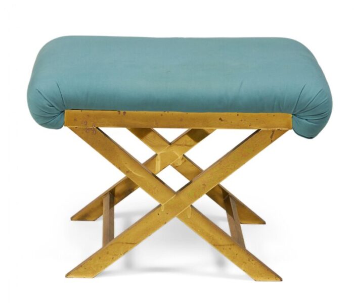 mid century brass and teal cotton upholstered x bench 4291