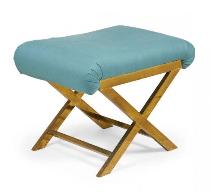 mid century brass and teal cotton upholstered x bench 4556