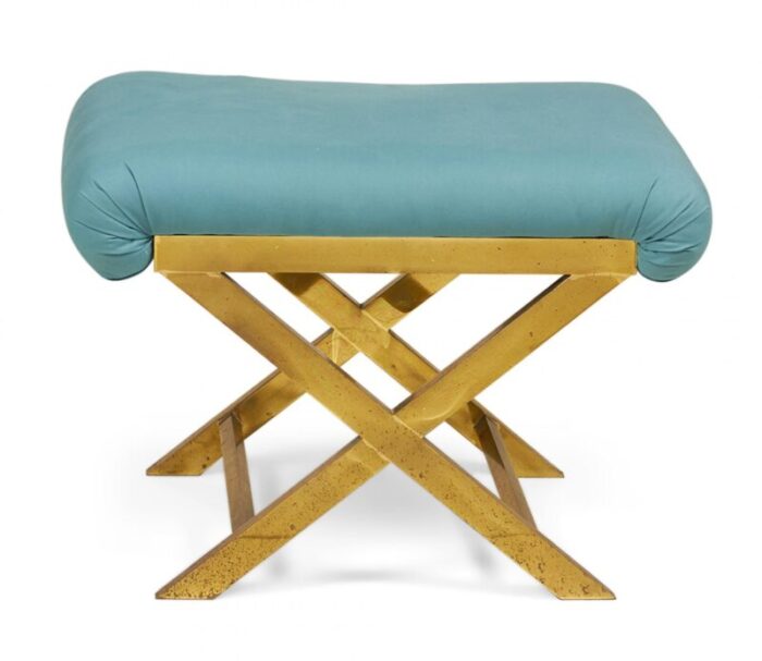 mid century brass and teal cotton upholstered x bench 5738