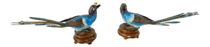 mid century chinese enameled silver birds of paradise set of 2 1