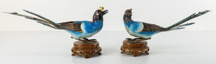 mid century chinese enameled silver birds of paradise set of 2 4