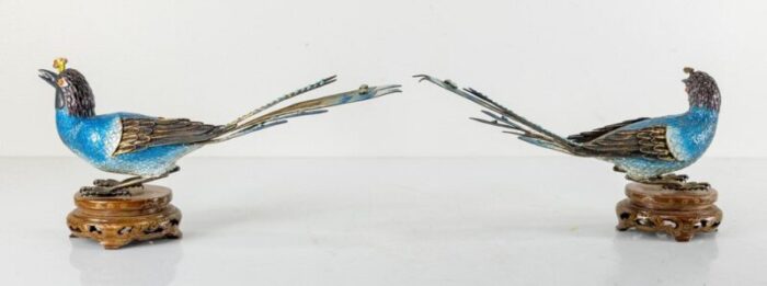 mid century chinese enameled silver birds of paradise set of 2 5