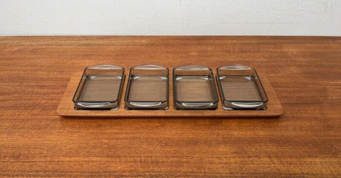 mid century danish cabaret glass bowls from holmegaard with teak tray from digsmed 1960s set of 5 1