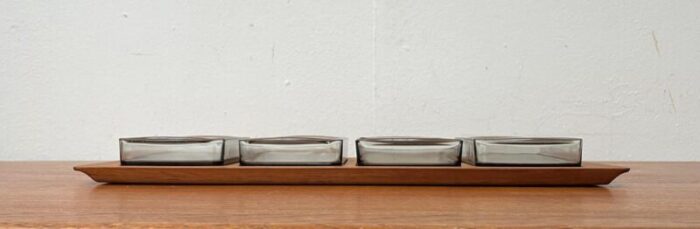 mid century danish cabaret glass bowls from holmegaard with teak tray from digsmed 1960s set of 5 12