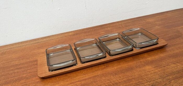 mid century danish cabaret glass bowls from holmegaard with teak tray from digsmed 1960s set of 5 5