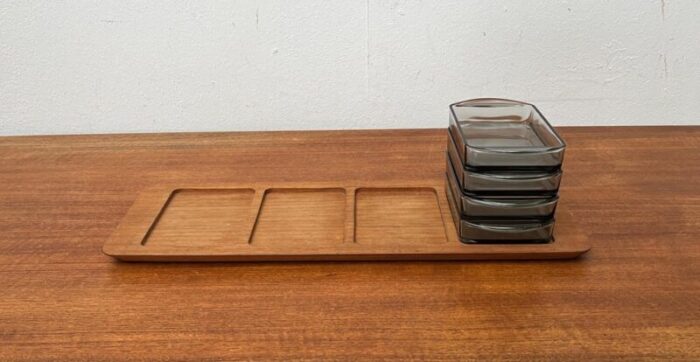 mid century danish cabaret glass bowls from holmegaard with teak tray from digsmed 1960s set of 5 6