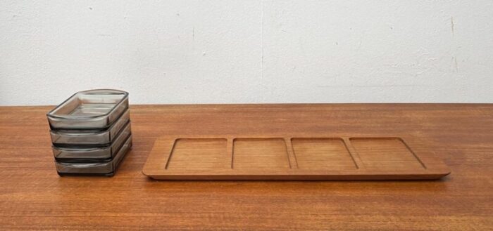 mid century danish cabaret glass bowls from holmegaard with teak tray from digsmed 1960s set of 5 7