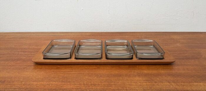 mid century danish cabaret glass bowls from holmegaard with teak tray from digsmed 1960s set of 5 8