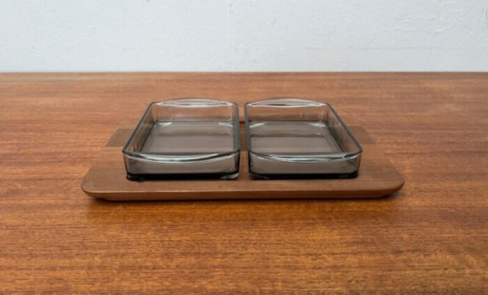 mid century danish cabaret glass bowls from holmegaard with teak tray from illums bolighus 1960s set of 3 1