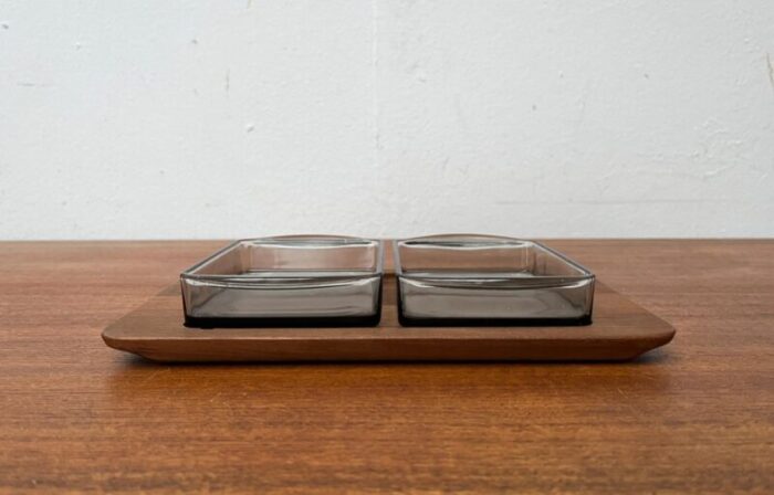 mid century danish cabaret glass bowls from holmegaard with teak tray from illums bolighus 1960s set of 3 10