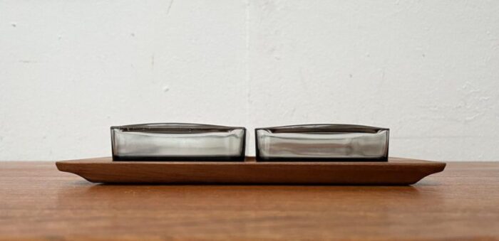 mid century danish cabaret glass bowls from holmegaard with teak tray from illums bolighus 1960s set of 3 12