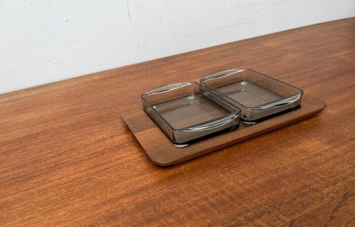 mid century danish cabaret glass bowls from holmegaard with teak tray from illums bolighus 1960s set of 3 2