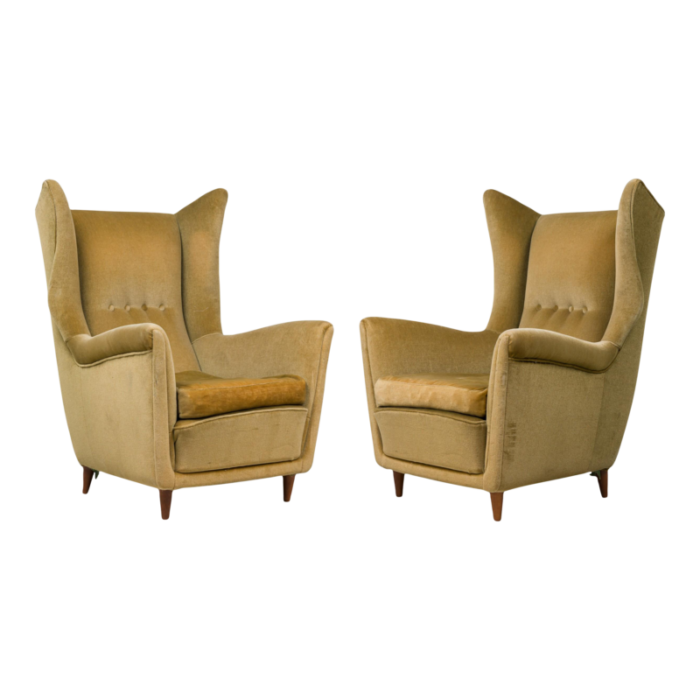 mid century italian modern gold velvet upholstered lounge armchairs manner of gio ponti a pair 3821