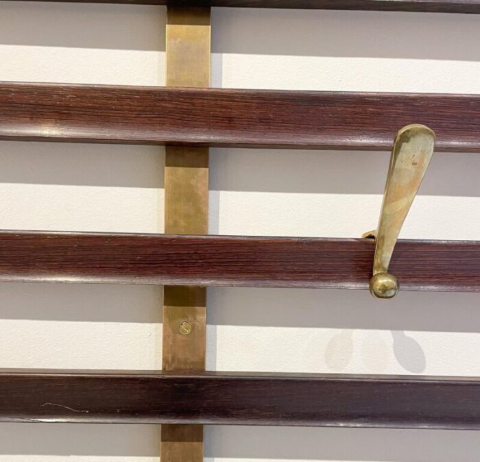 mid century slatted coat rack with brass hooks attributed to jules wabbes belgium 1950s 7