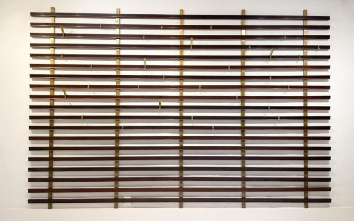 mid century slatted coat rack with brass hooks attributed to jules wabbes belgium 1950s 9