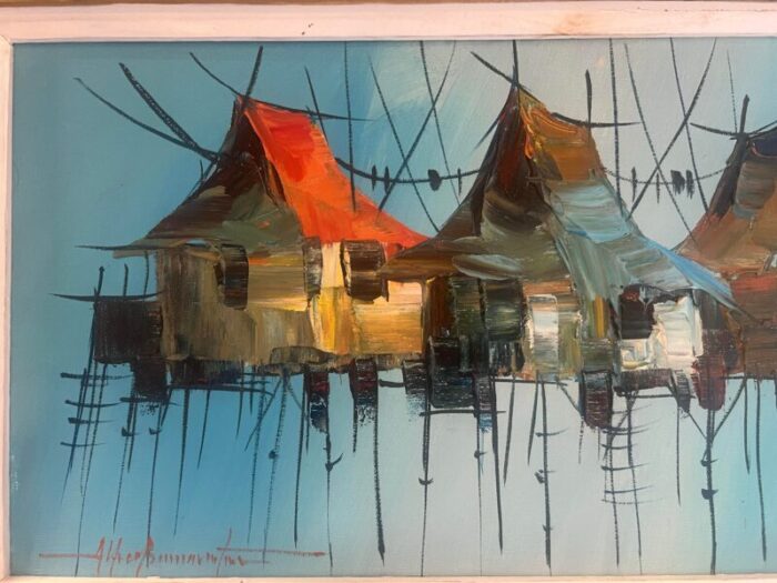 mid century vietnamese fishing village abstract oil on board signed 6125