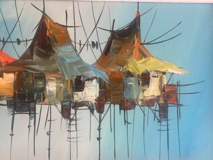 mid century vietnamese fishing village abstract oil on board signed 9191