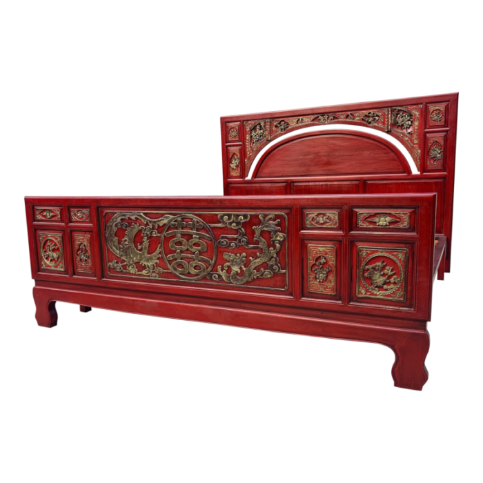 mid late 20th century chinese carved and painted king bed frame 3834