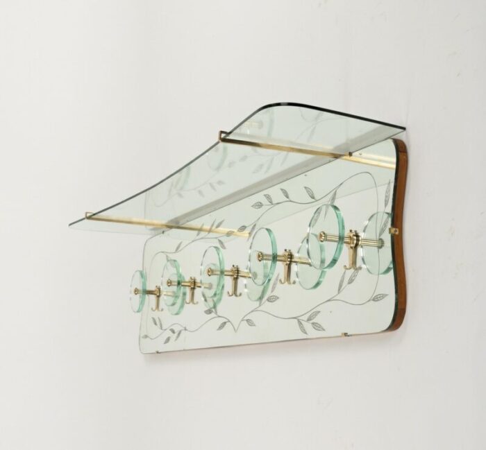 midcentury coat rack shelf in brass and glass from cristal art 1950s 13