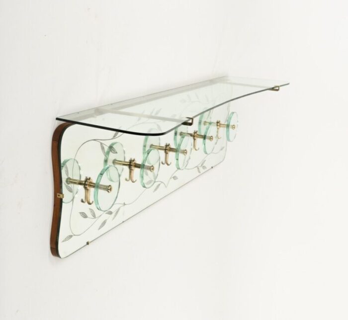 midcentury coat rack shelf in brass and glass from cristal art 1950s 3