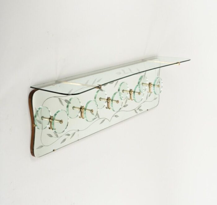 midcentury coat rack shelf in brass and glass from cristal art 1950s 9