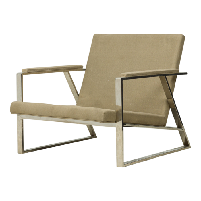 milo baughman american mid century beige upholstered flat chrome bar lounge armchair 8496