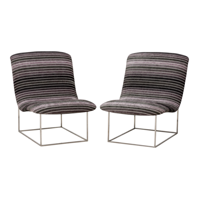 milo baughman american mid century chrome and black gray striped upholstery slipper chairs a pair 0973