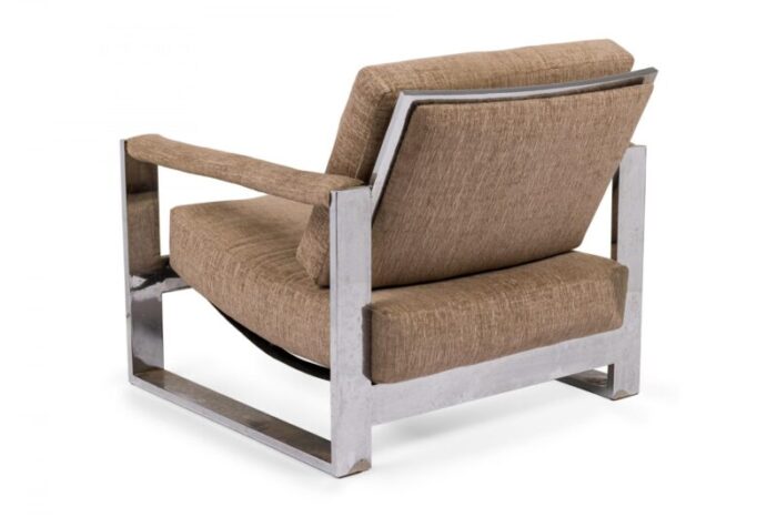 milo baughman american mid century chrome and brown fabric upholstered tank lounge armchair 0201