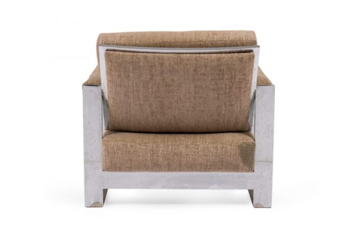 milo baughman american mid century chrome and brown fabric upholstered tank lounge armchair 2058