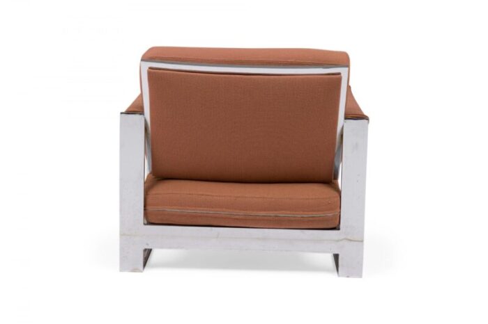 milo baughman american mid century chrome and dark pink fabric upholstered tank lounge armchair 0938