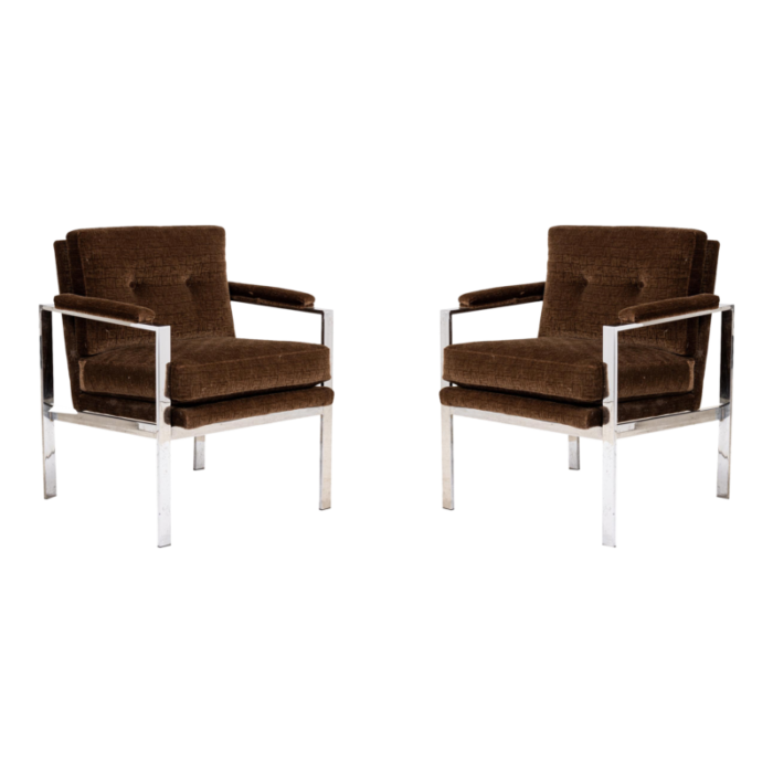 milo baughman american mid century flat chrome bar and brown fabric upholstered armchairs a pair 8363