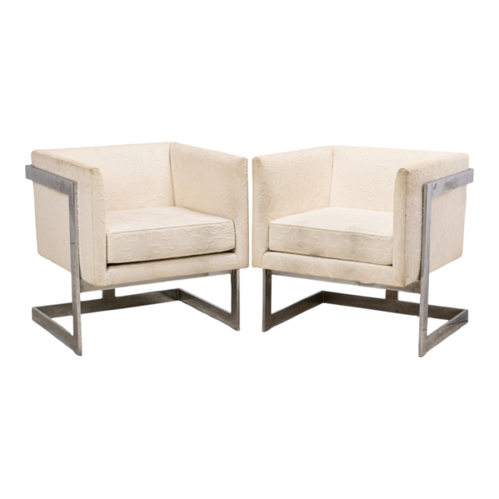 milo baughman american mid century floating cube chrome and beige upholstery armchairs a pair 9783