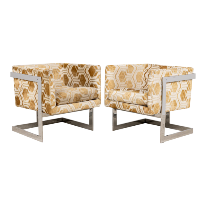 milo baughman american mid century geometric gold and white cube form lounge armchairs a pair 5999