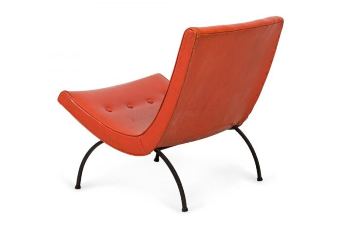 milo baughman american mid century orange tufted vinyl upholstery and iron scoop lounge side chair 1252