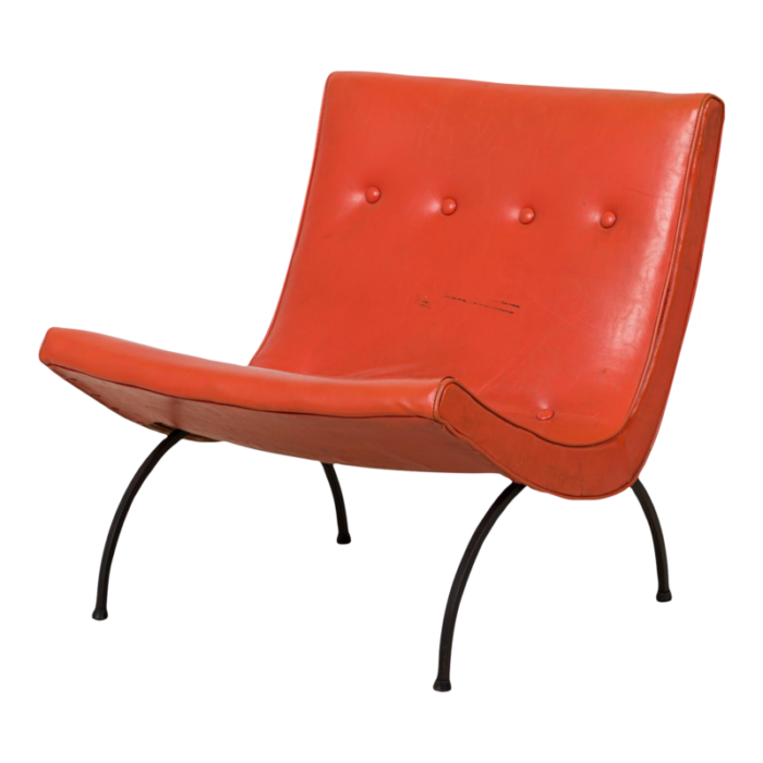 milo baughman american mid century orange tufted vinyl upholstery and iron scoop lounge side chair 2389