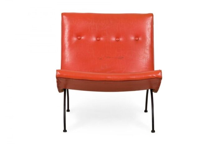 milo baughman american mid century orange tufted vinyl upholstery and iron scoop lounge side chair 4477