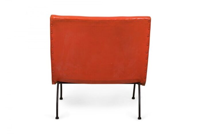 milo baughman american mid century orange tufted vinyl upholstery and iron scoop lounge side chair 7676